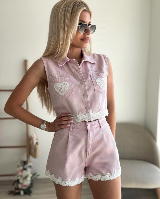 Розов дънков комплект с дантелка