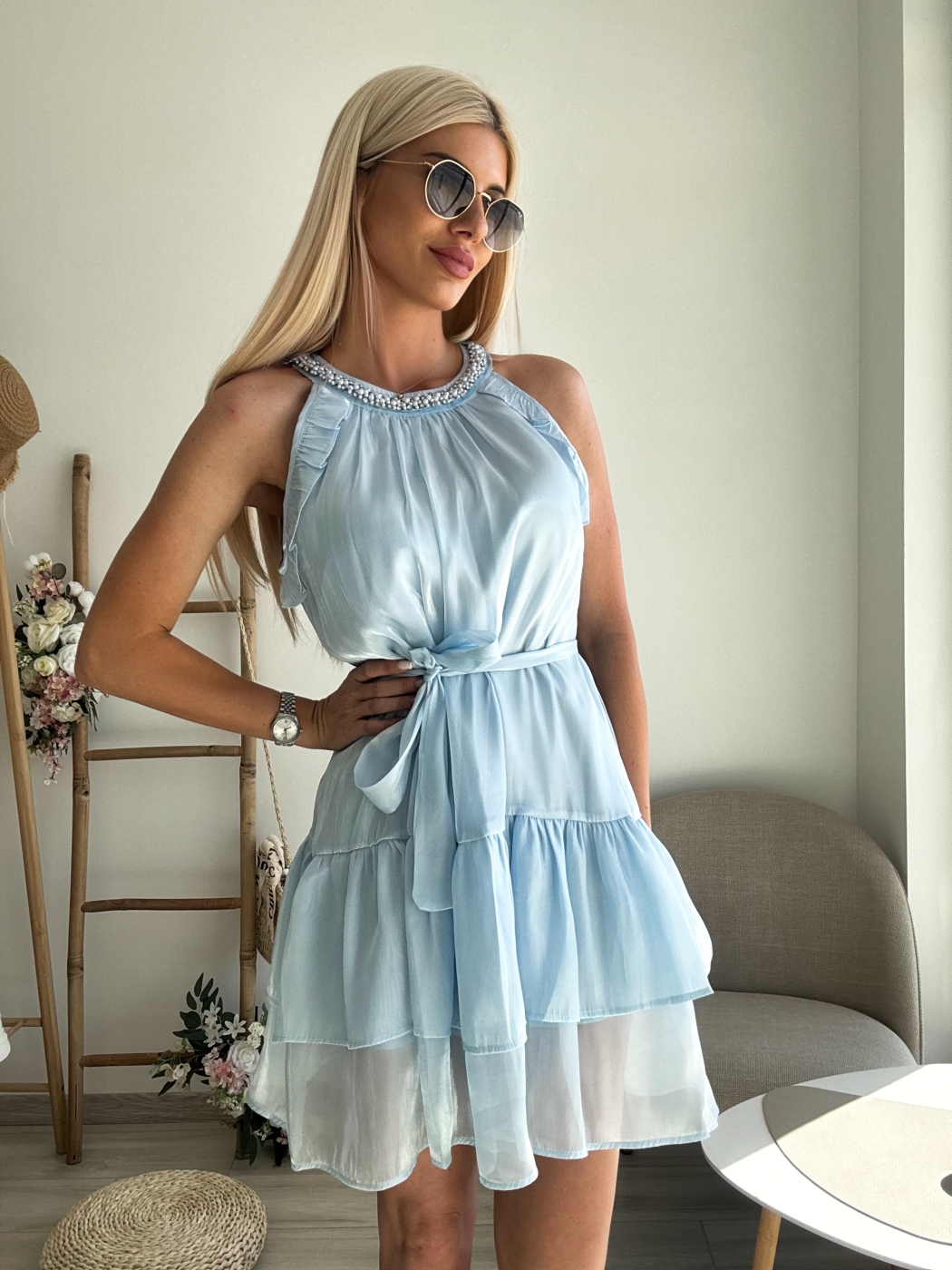 Синя рокля кроп перли