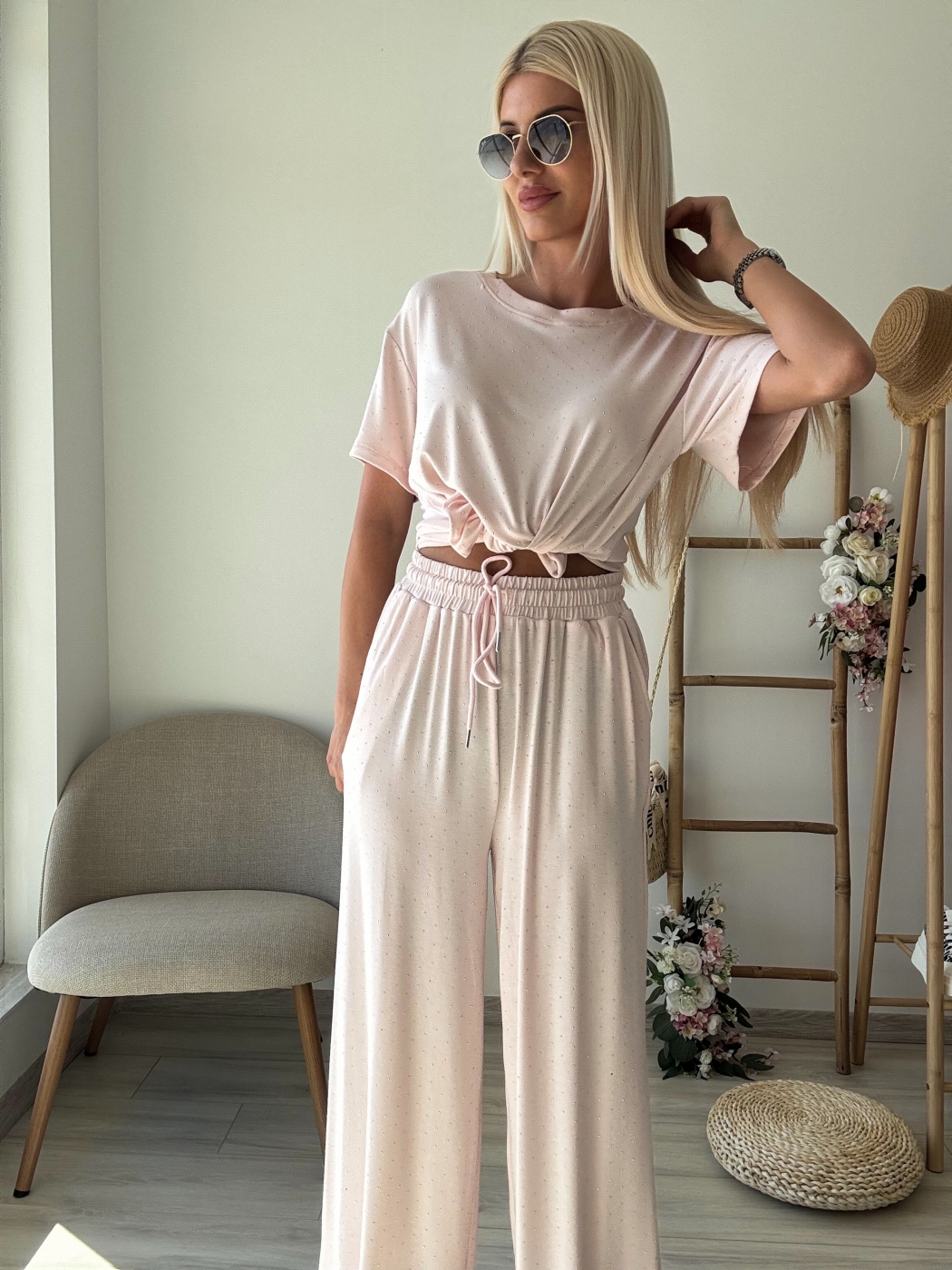 Розов комплект вискоза с камъни