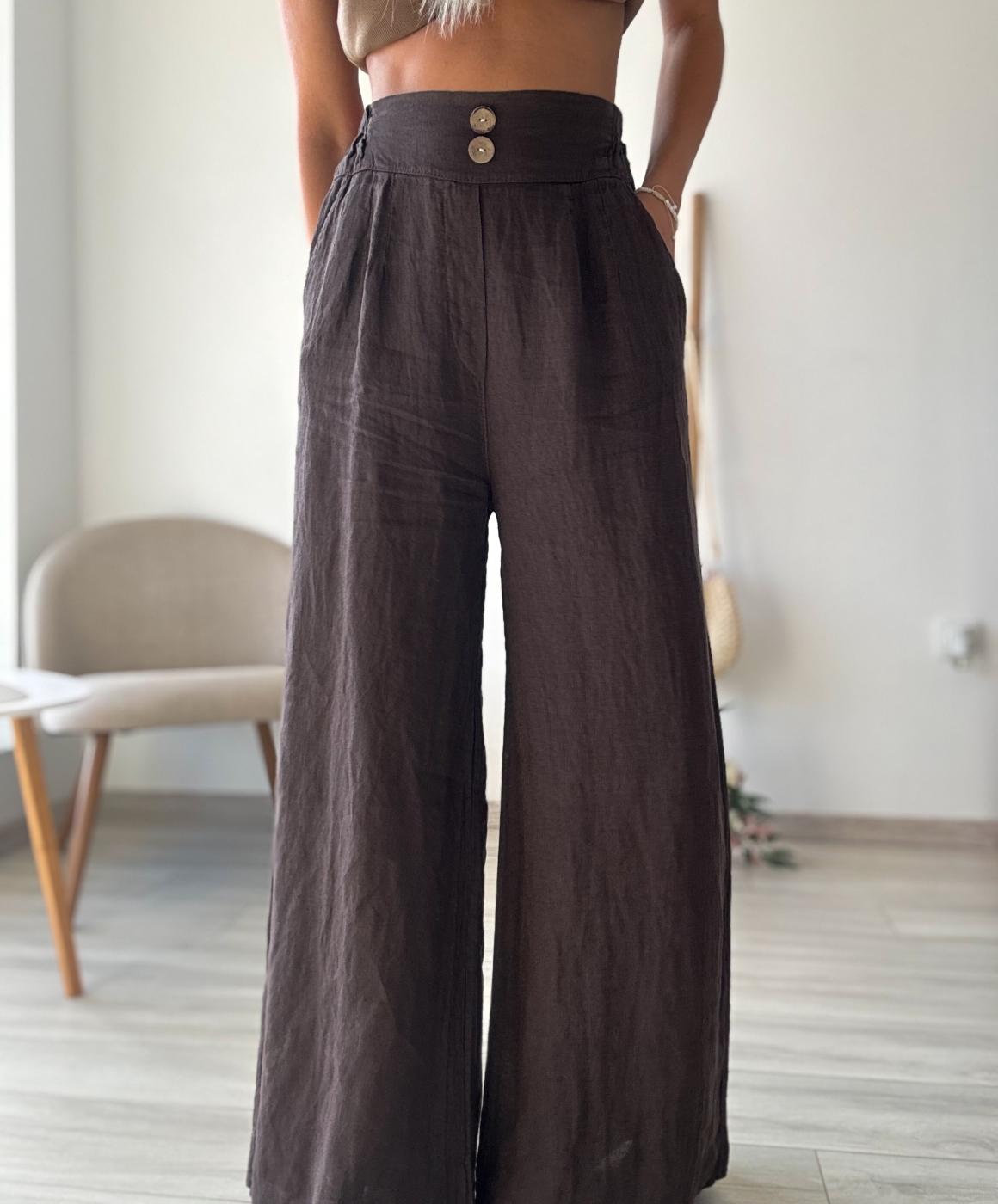 Дълъг ленен панталон шоколад