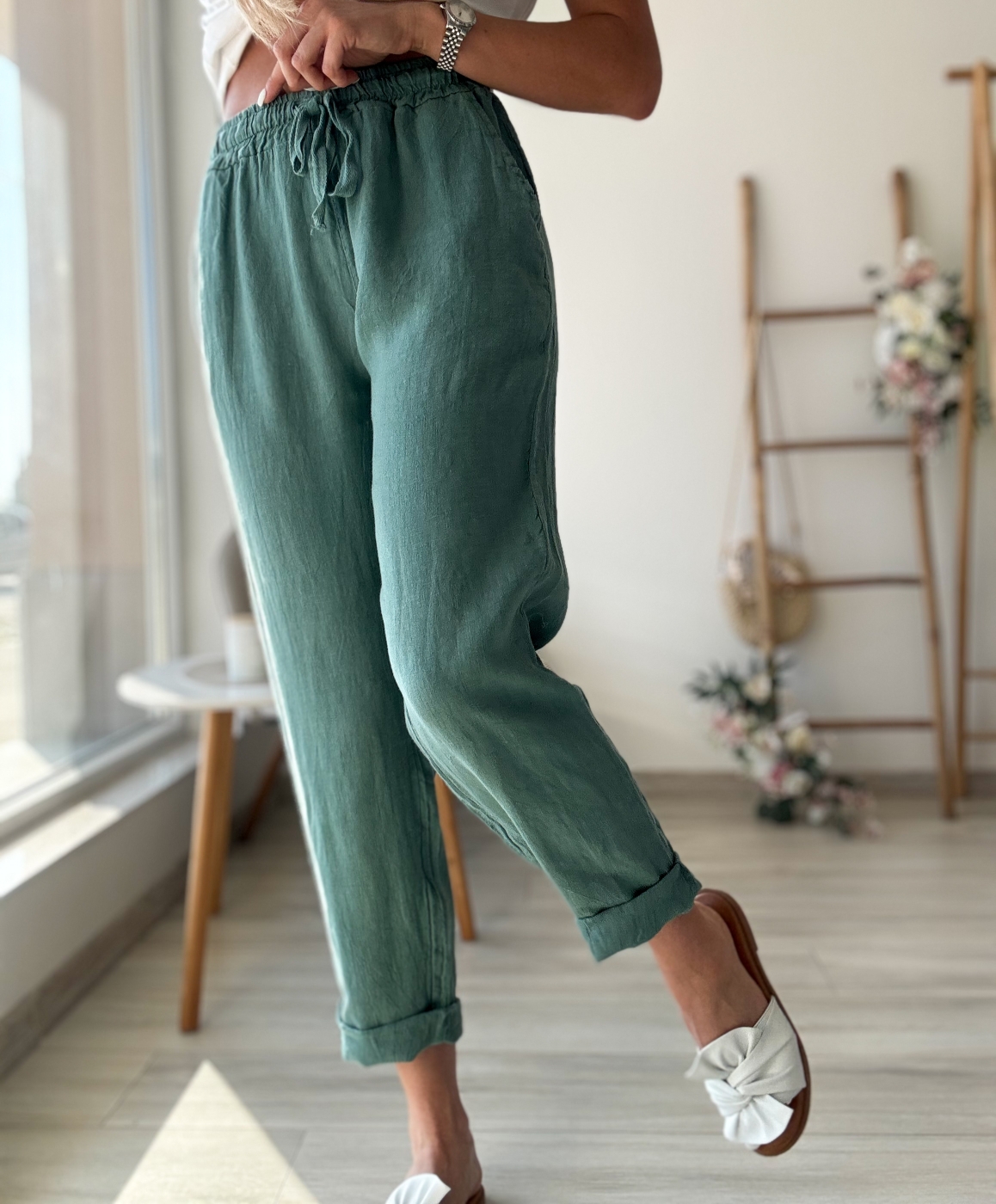 Зелен ленен панталон