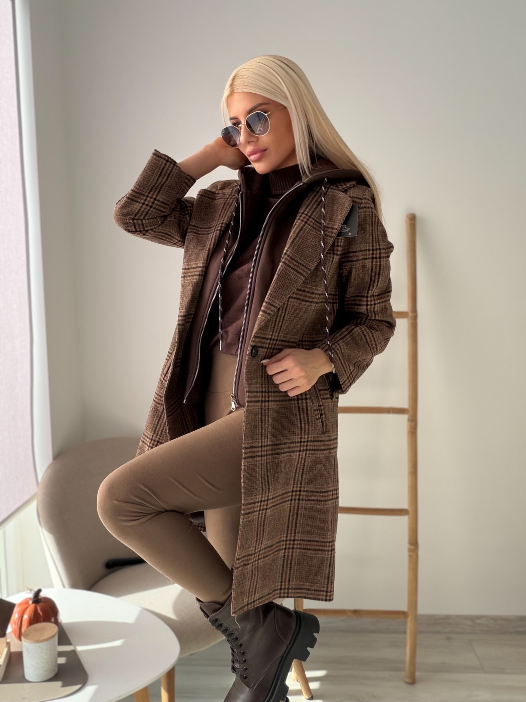 Карирано палто с вграден суитшърт