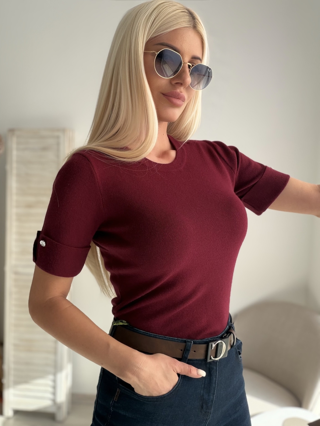 Тениска плетиво бургунди с камъчета