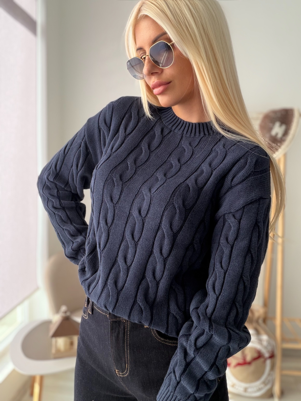 Тъмно син пуловер пран памук