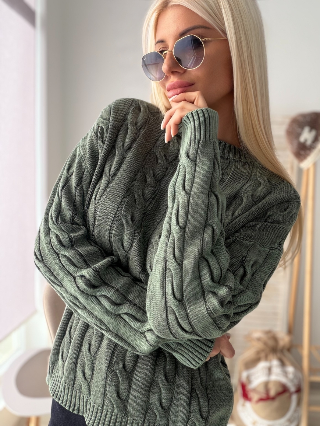 Синьо зелен пуловер пран памук