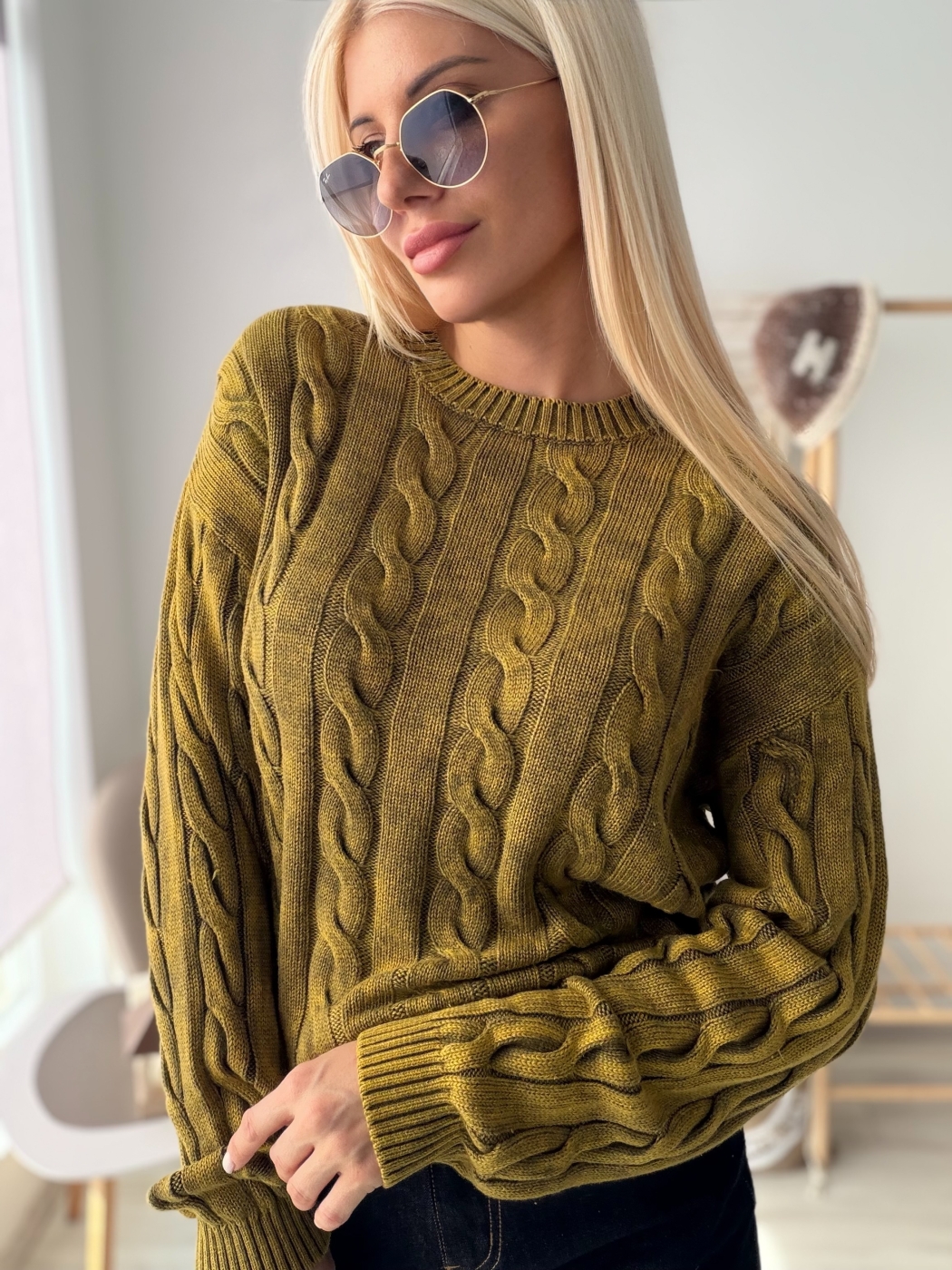 Пуловер пран памук горчица