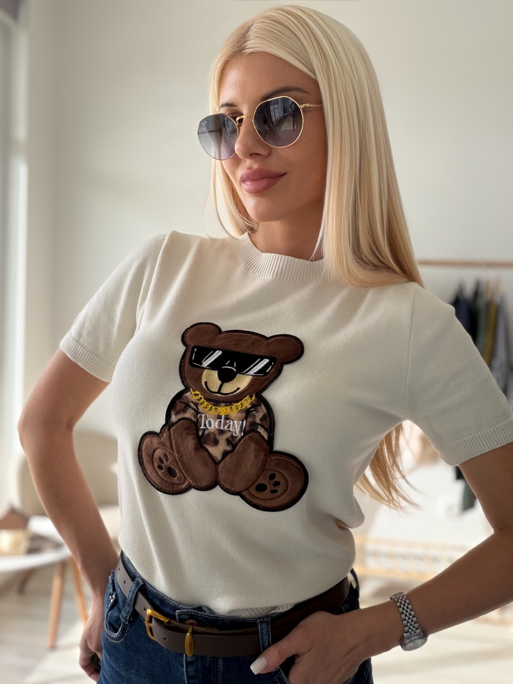 Тениска плетиво с кафяво мече 