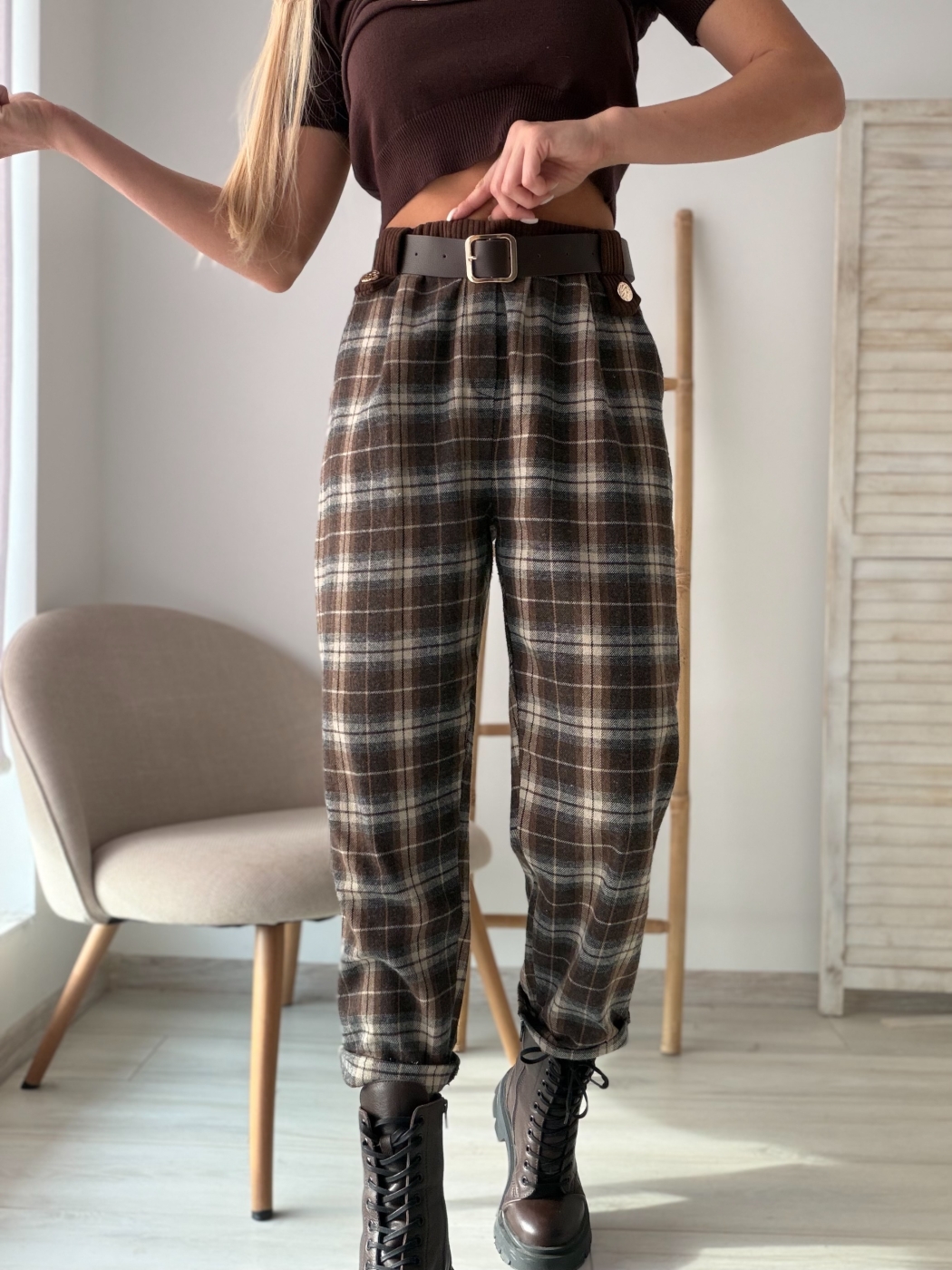 Кариран зимен панталон