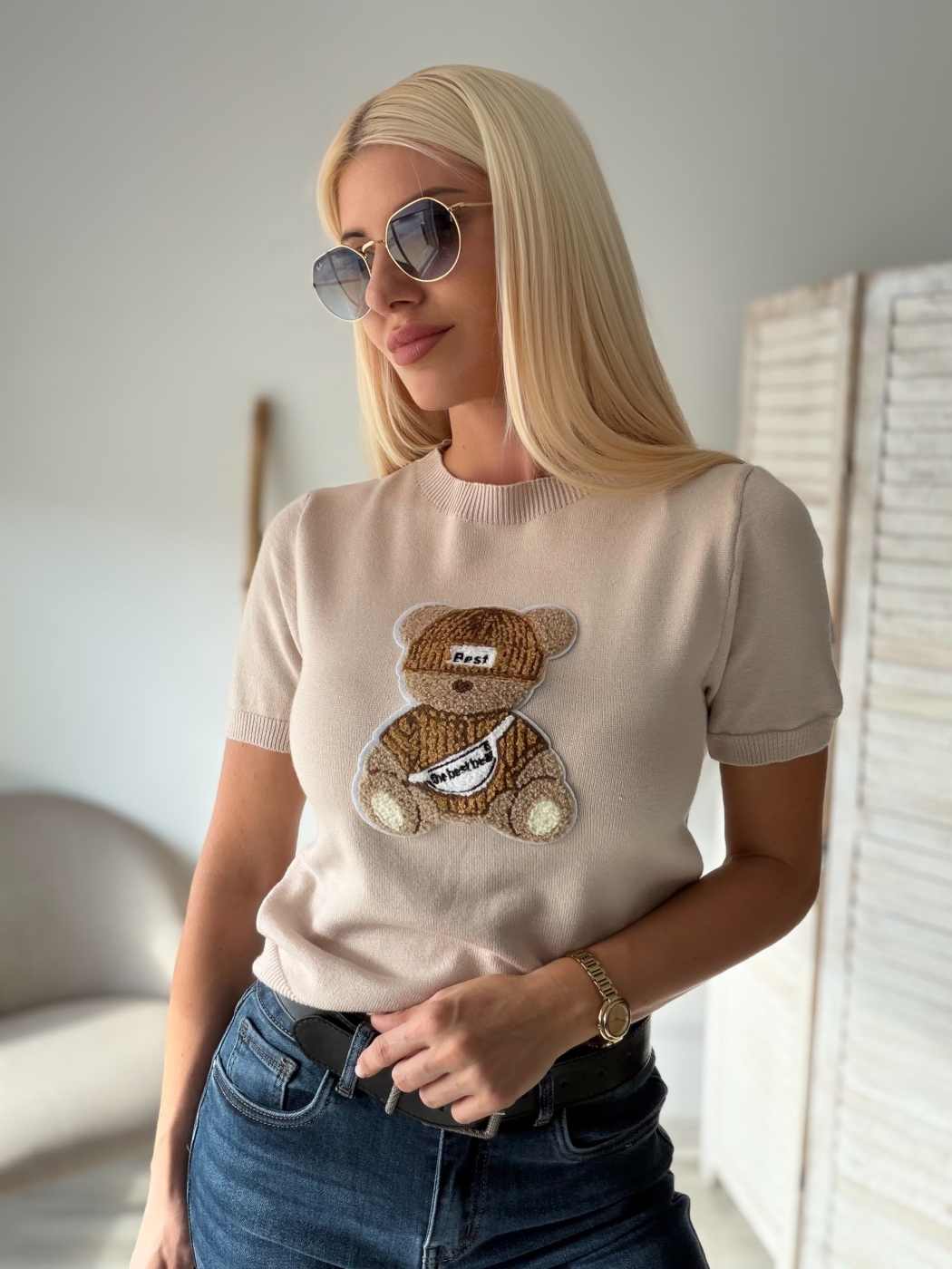 Тениска плетиво с мече беж
