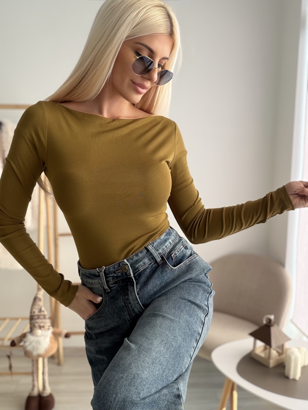 Блуза лодка цвят маслина