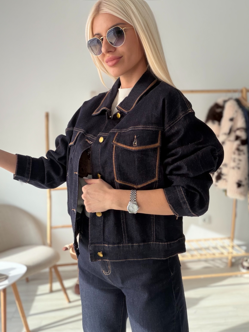 Дънково яке индиго с кафяв шев 