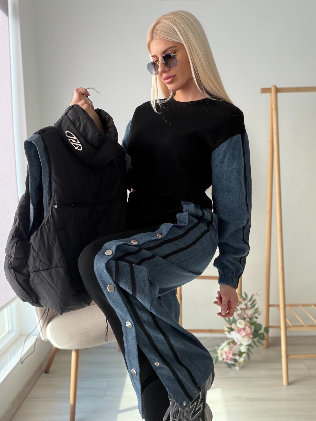 Черен комплект с деним 3 части