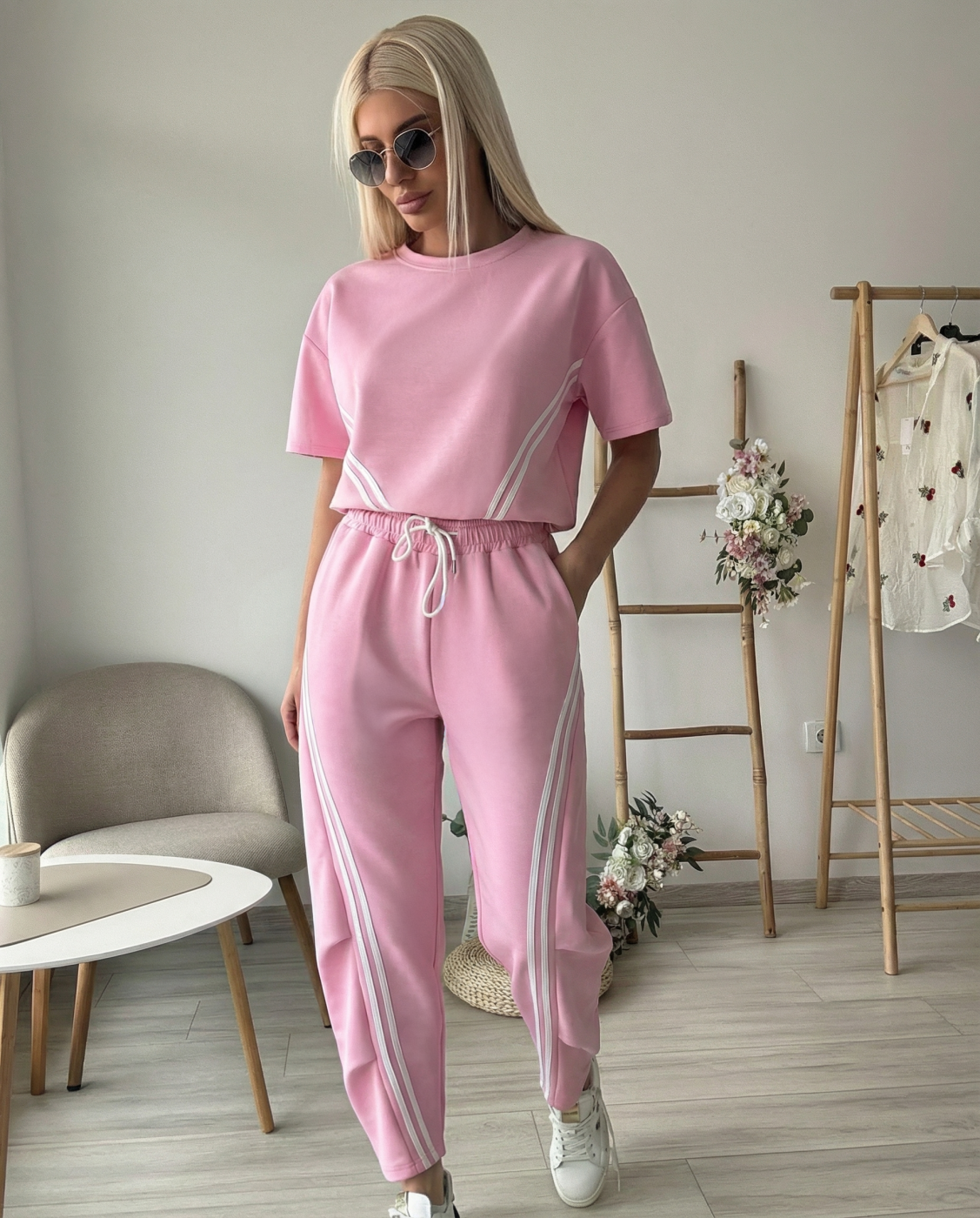 Розов комплект с къс ръкав