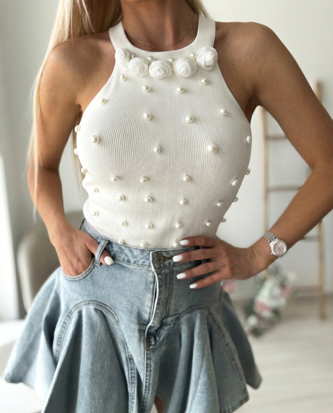 Бял потник плетиво с перли