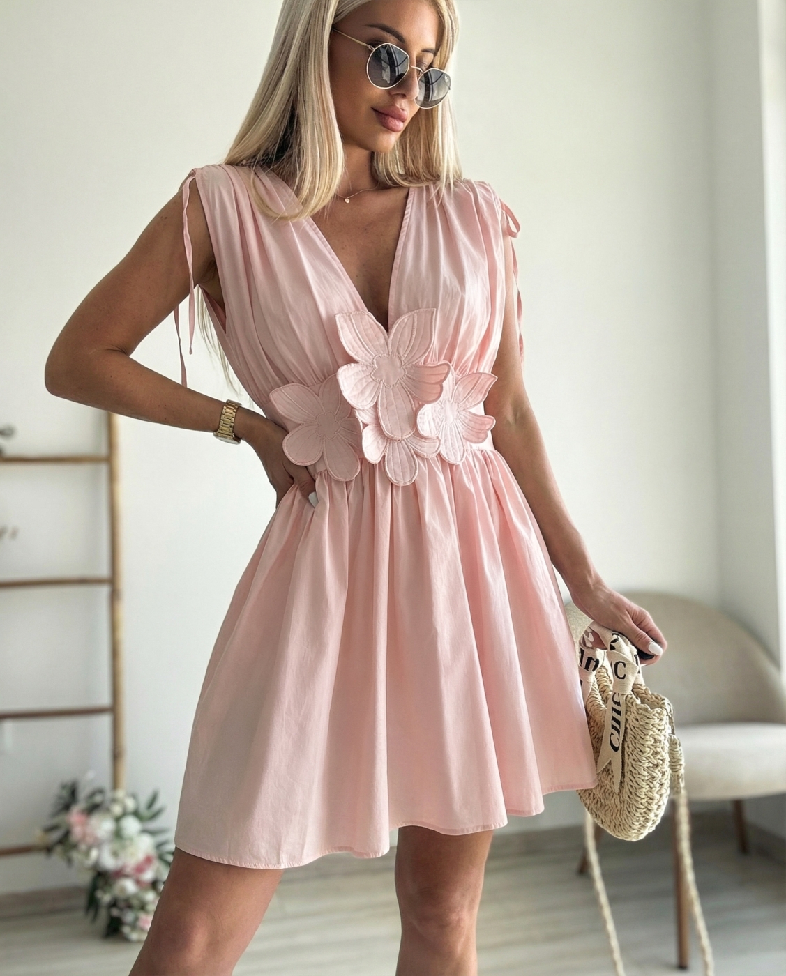 Розова рокля памук с цветя