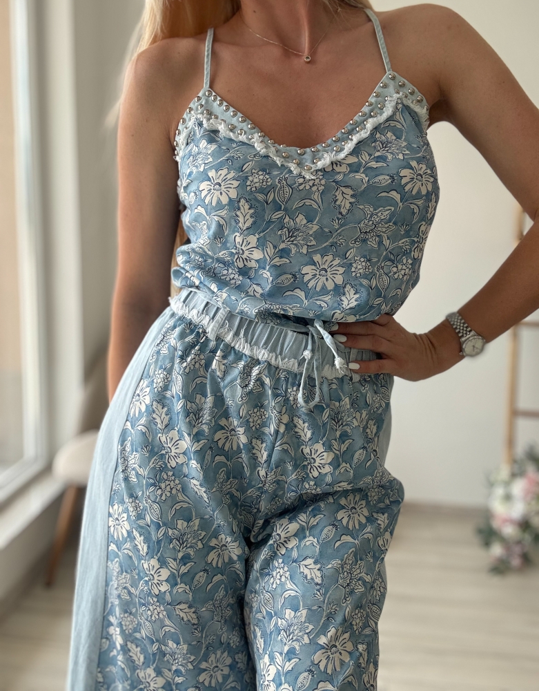 Син комплект сатен и деним