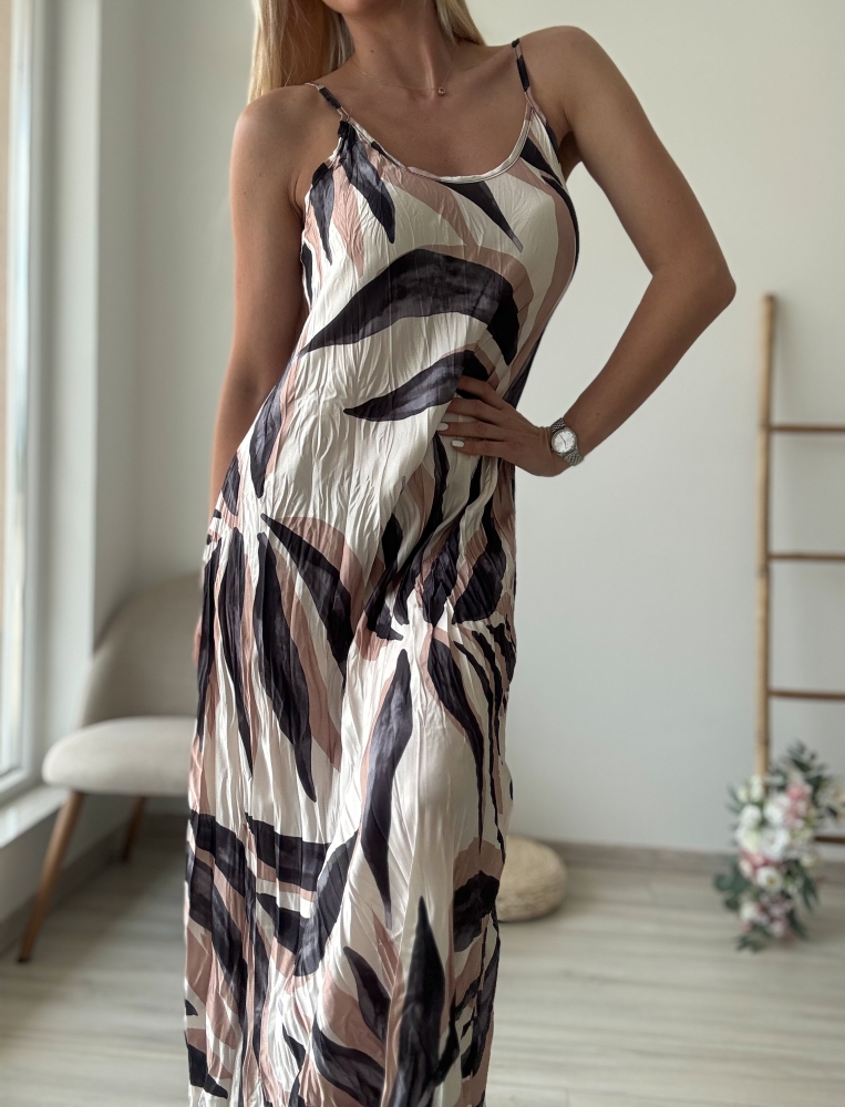 Намачкана сатенена рокля с бежови листа