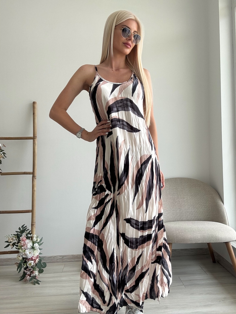 Намачкана сатенена рокля с бежови листа