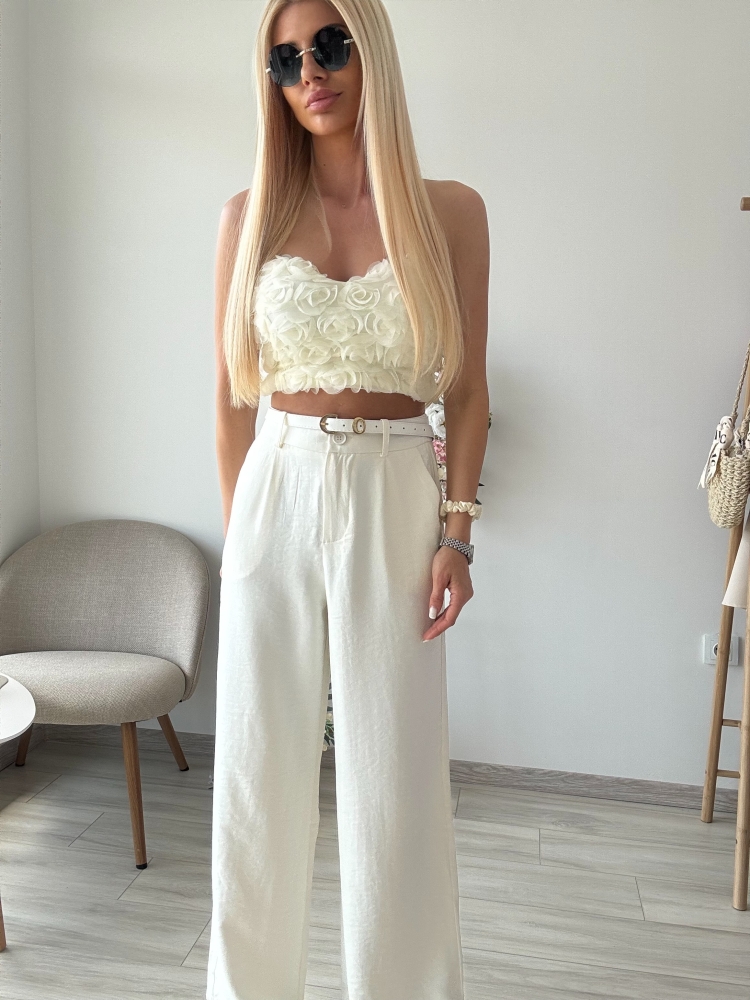 Бял сатениран панталон с бял колан