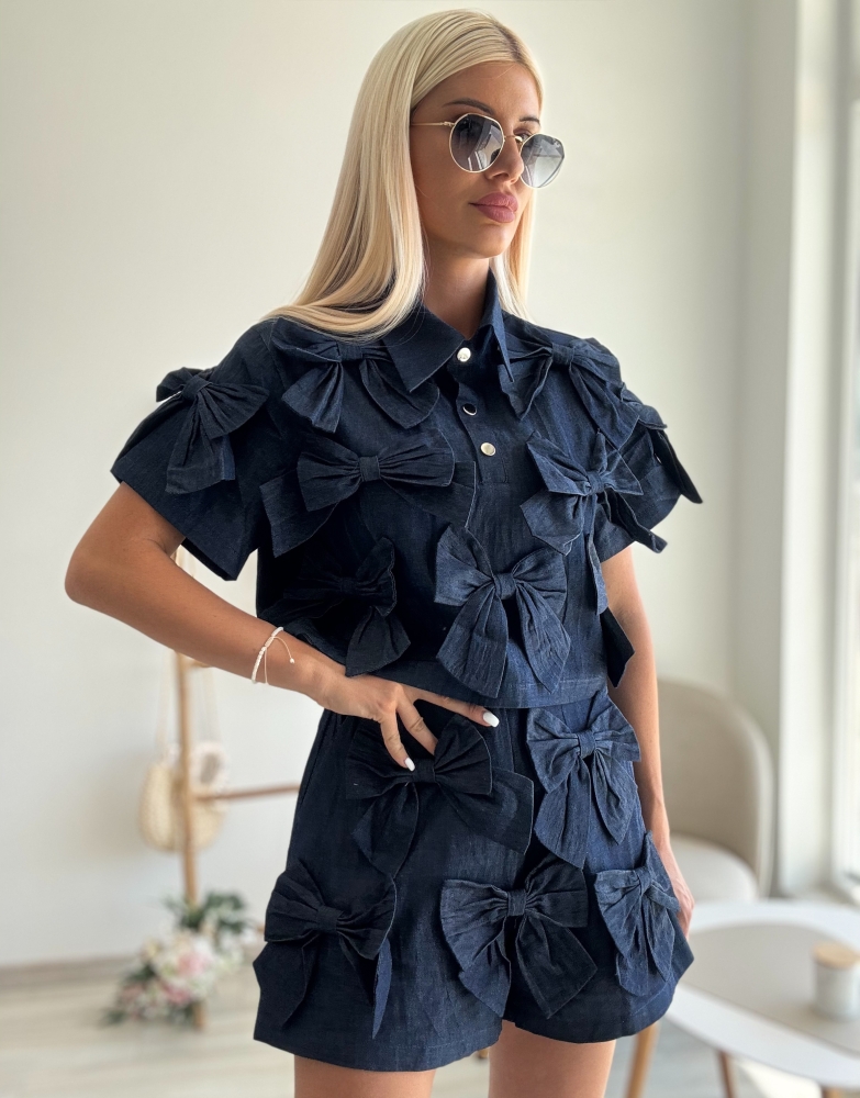 Дънков комплект с панделки индиго