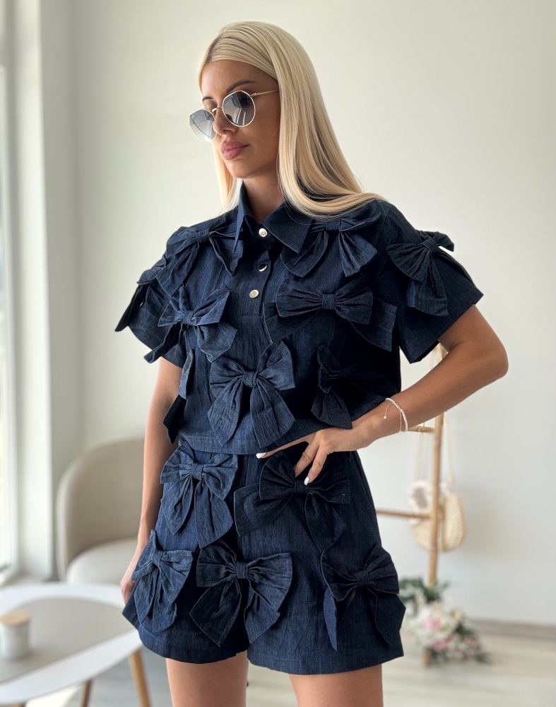 Дънков комплект с панделки индиго