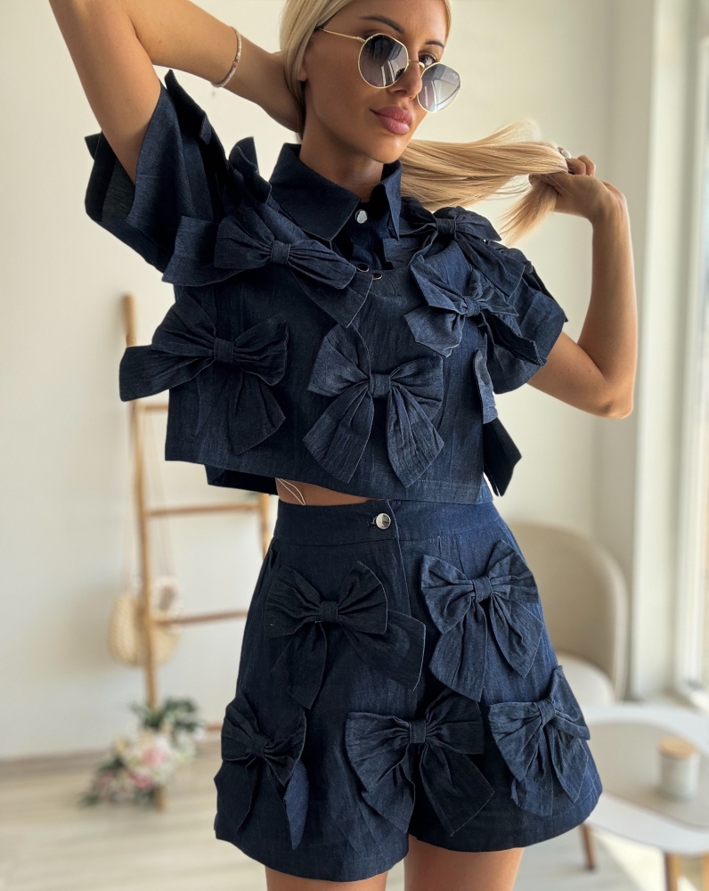 Дънков комплект с панделки индиго