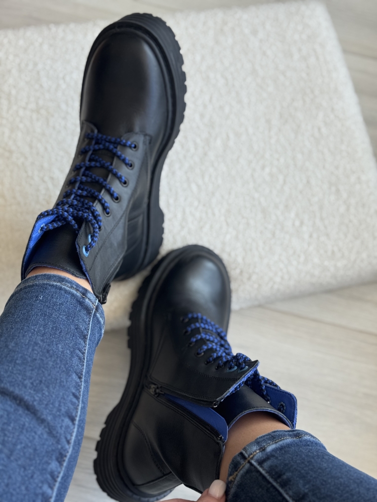 Черни боти естествена кожа сини връзки