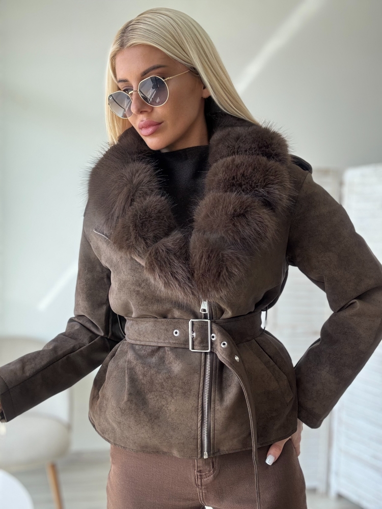 Промазано кафяво яке с пух