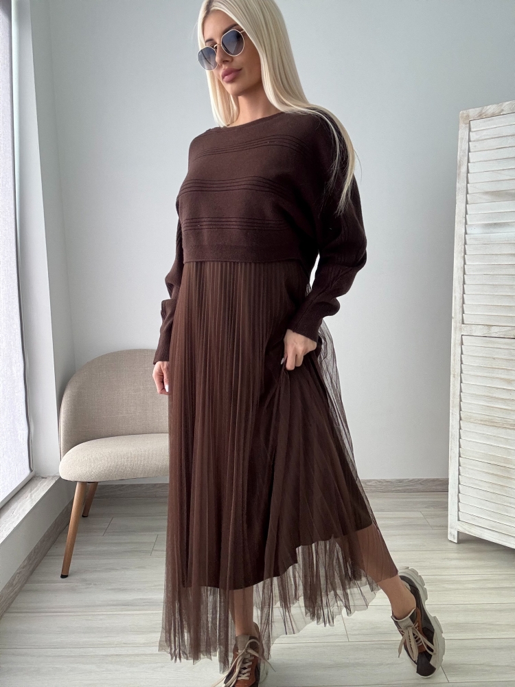 Кафява рокля 2 части плисе