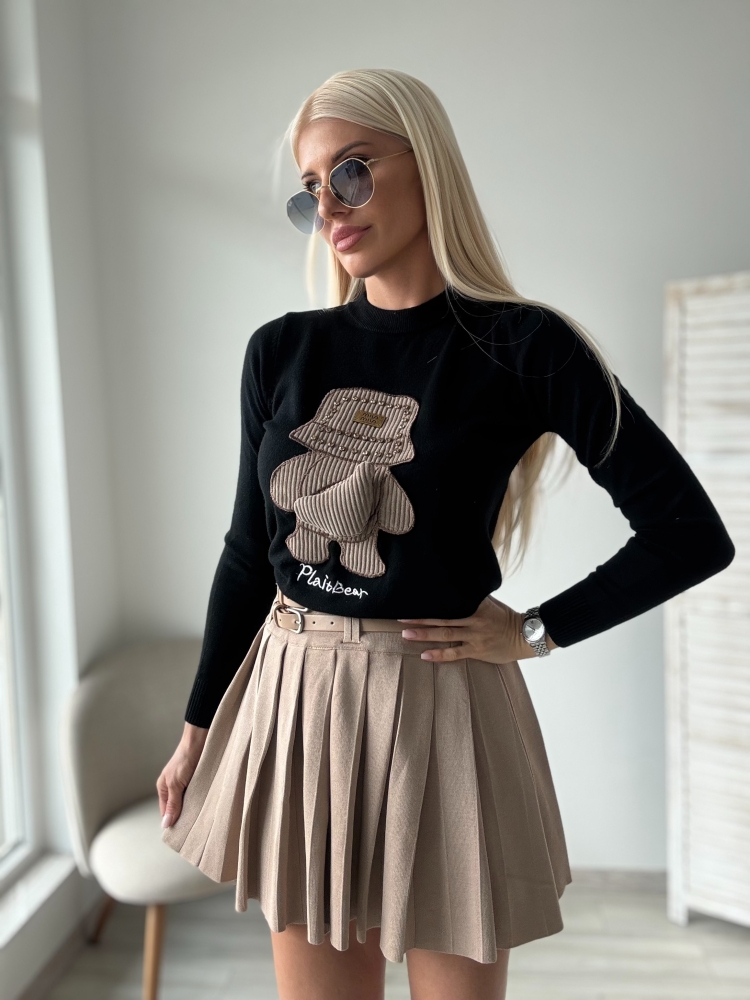 Черен пуловер мече с шапка