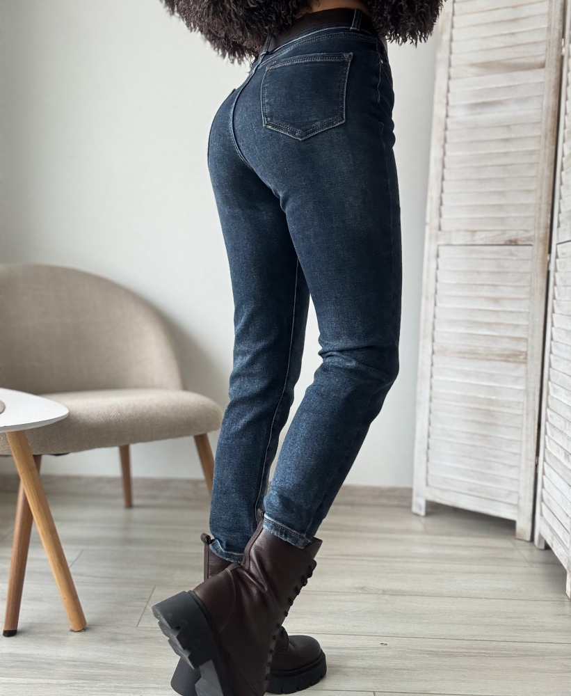 Дънки индиго кафяв колан