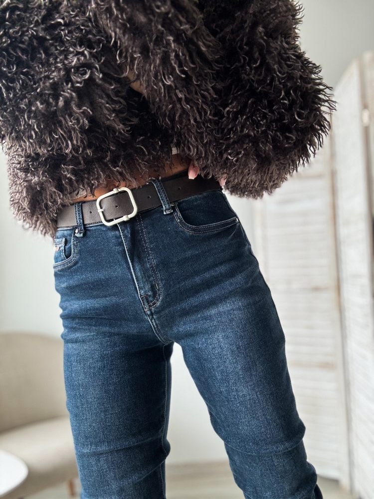 Дънки индиго кафяв колан