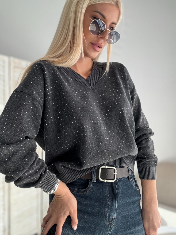 Пуловер графит с камъни пран памук