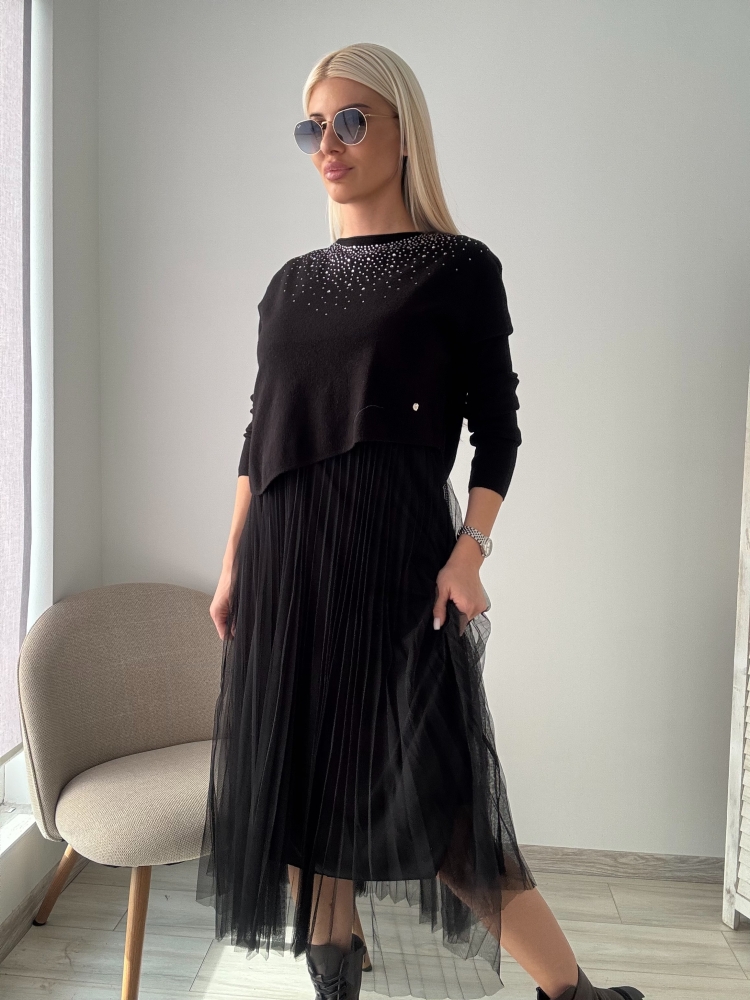 Черна рокля тюл с камъни