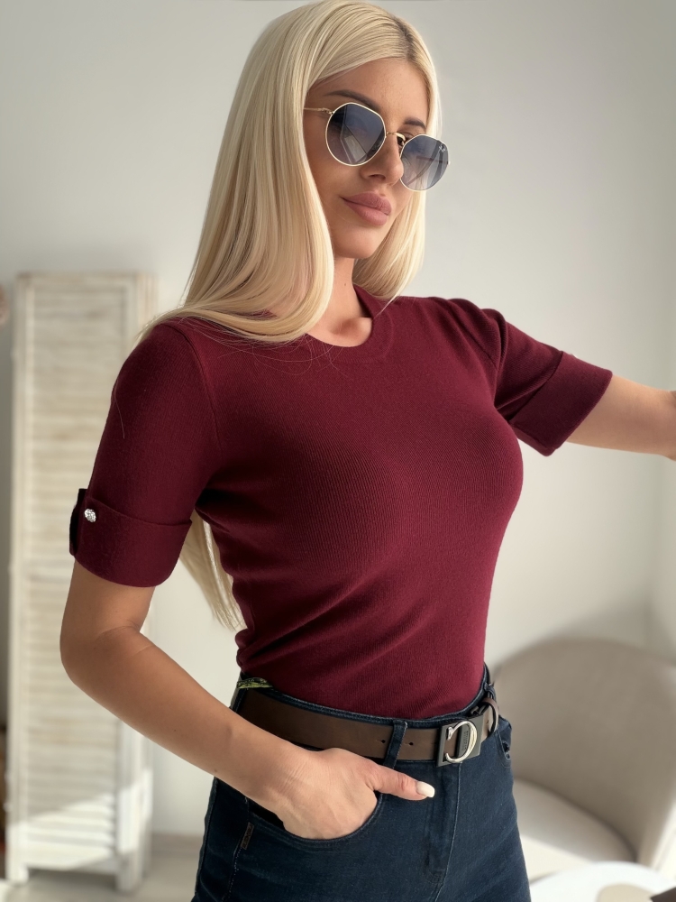 Тениска плетиво бургунди с камъчета