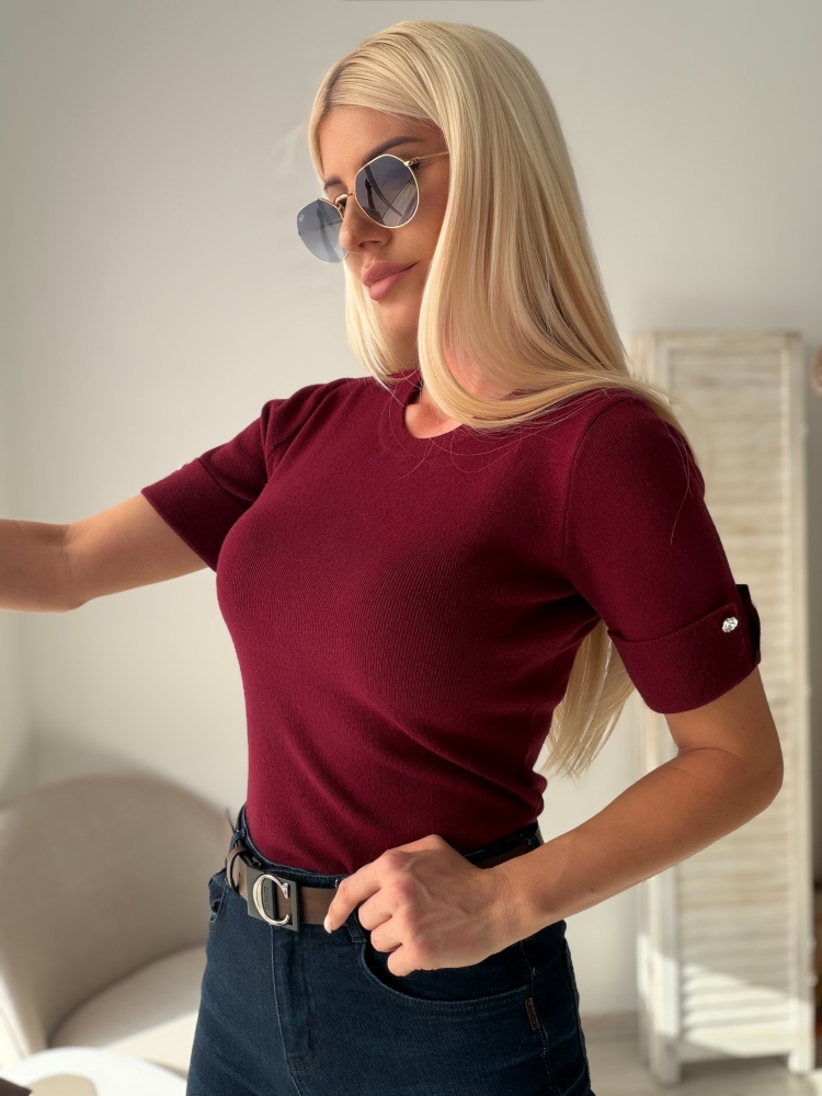 Тениска плетиво бургунди с камъчета