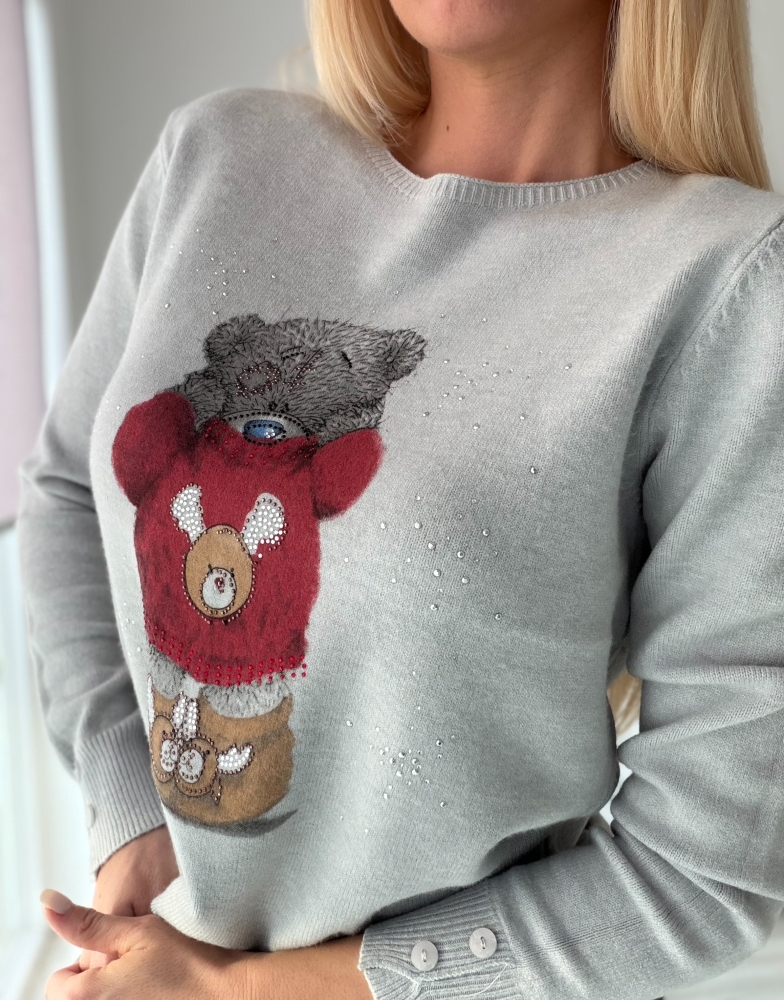 Сив пуловер Коледно мече