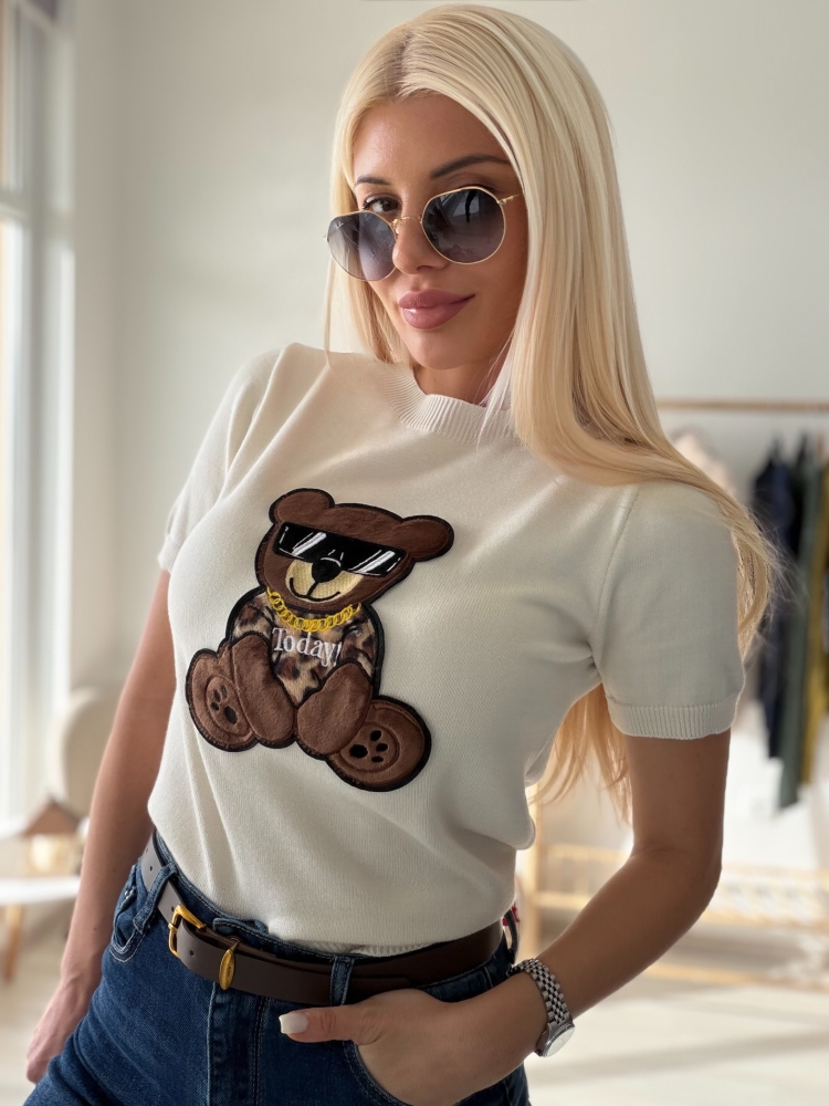 Тениска плетиво с кафяво мече 