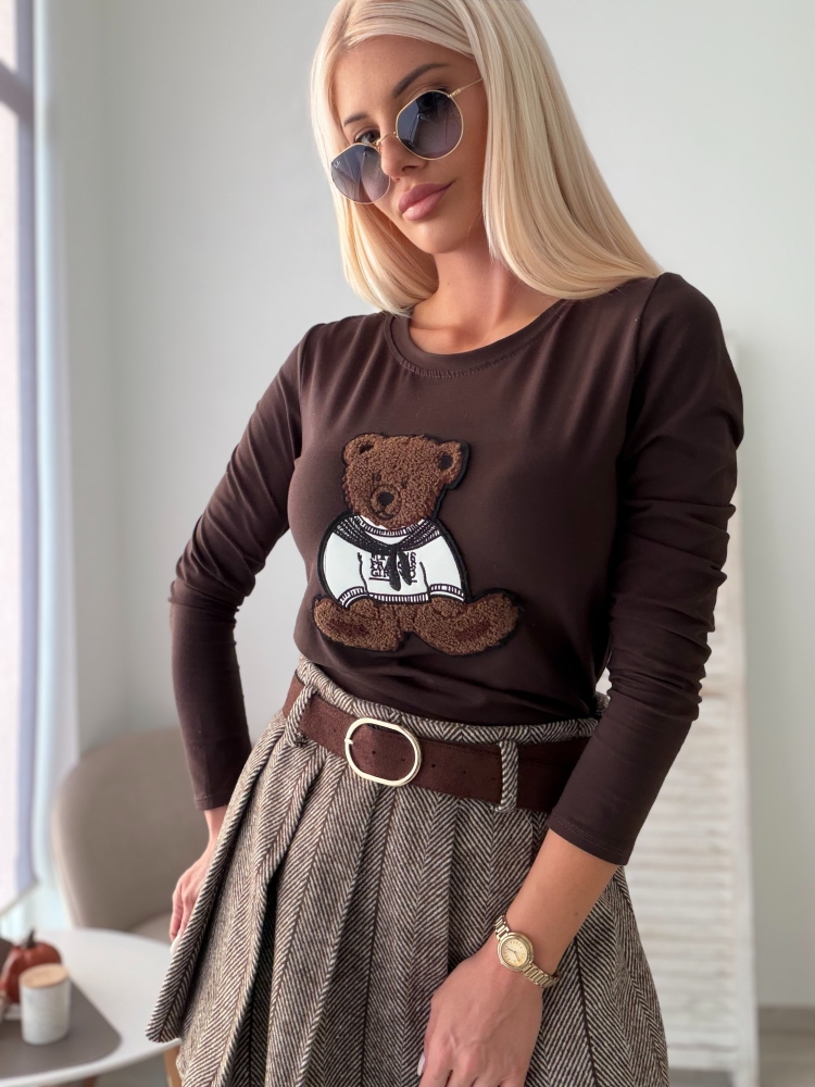 Кафява памучна блузка с мече