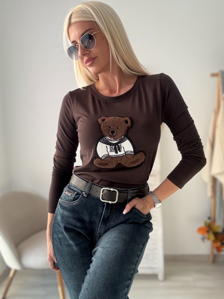 Кафява памучна блузка с мече