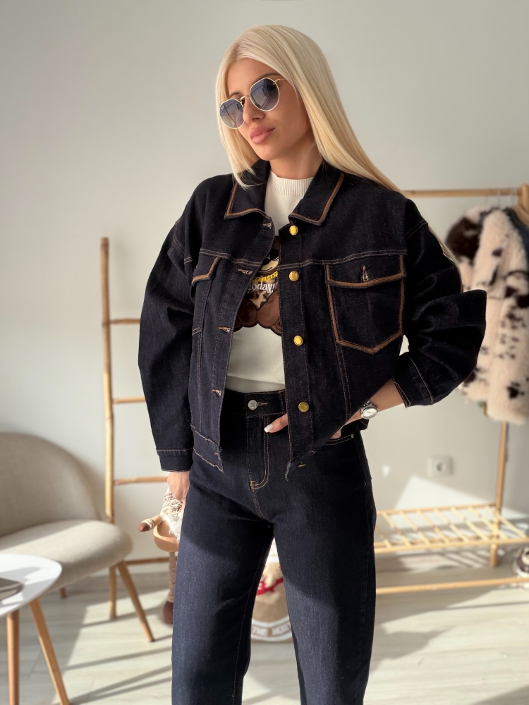 Дънково яке индиго с кафяв шев 