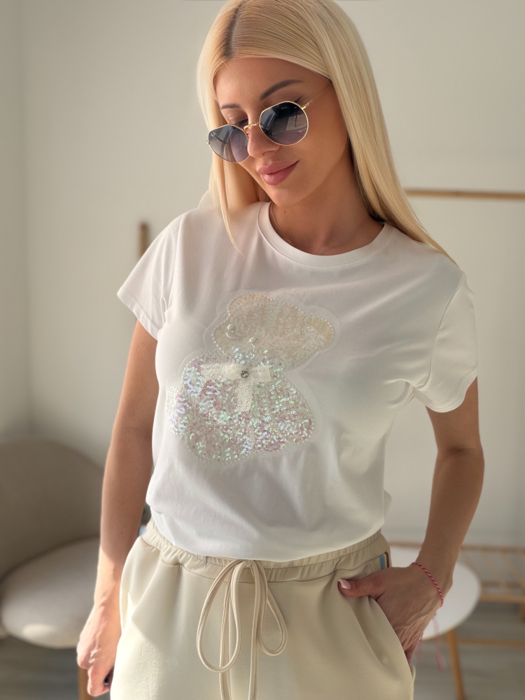 Бяла тениска с мече