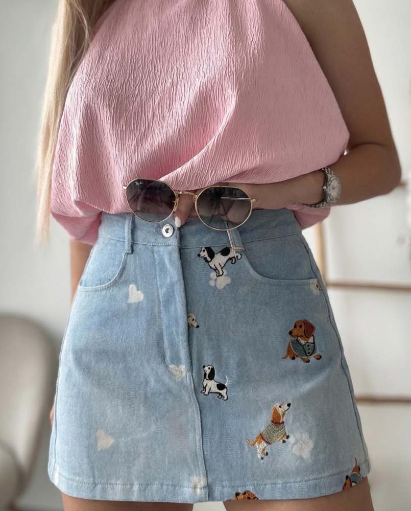 Пола панталон син деним с кучета