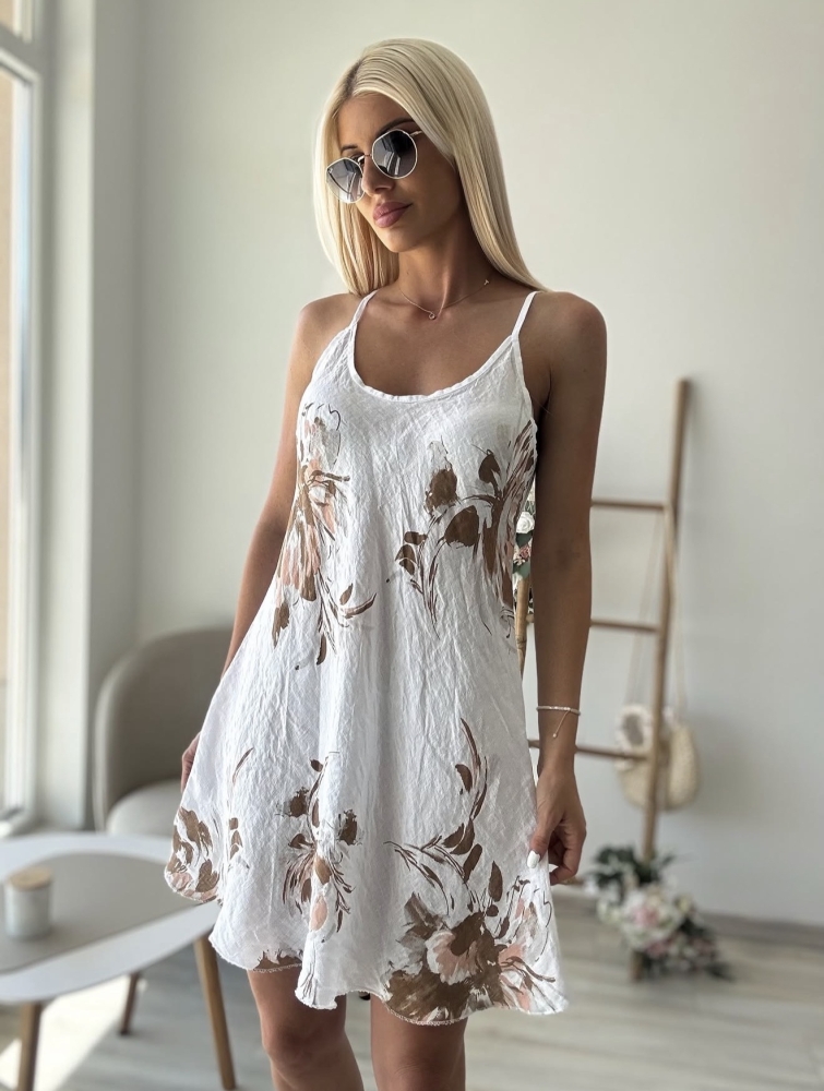 Бяла ленена къса рокля с цветя